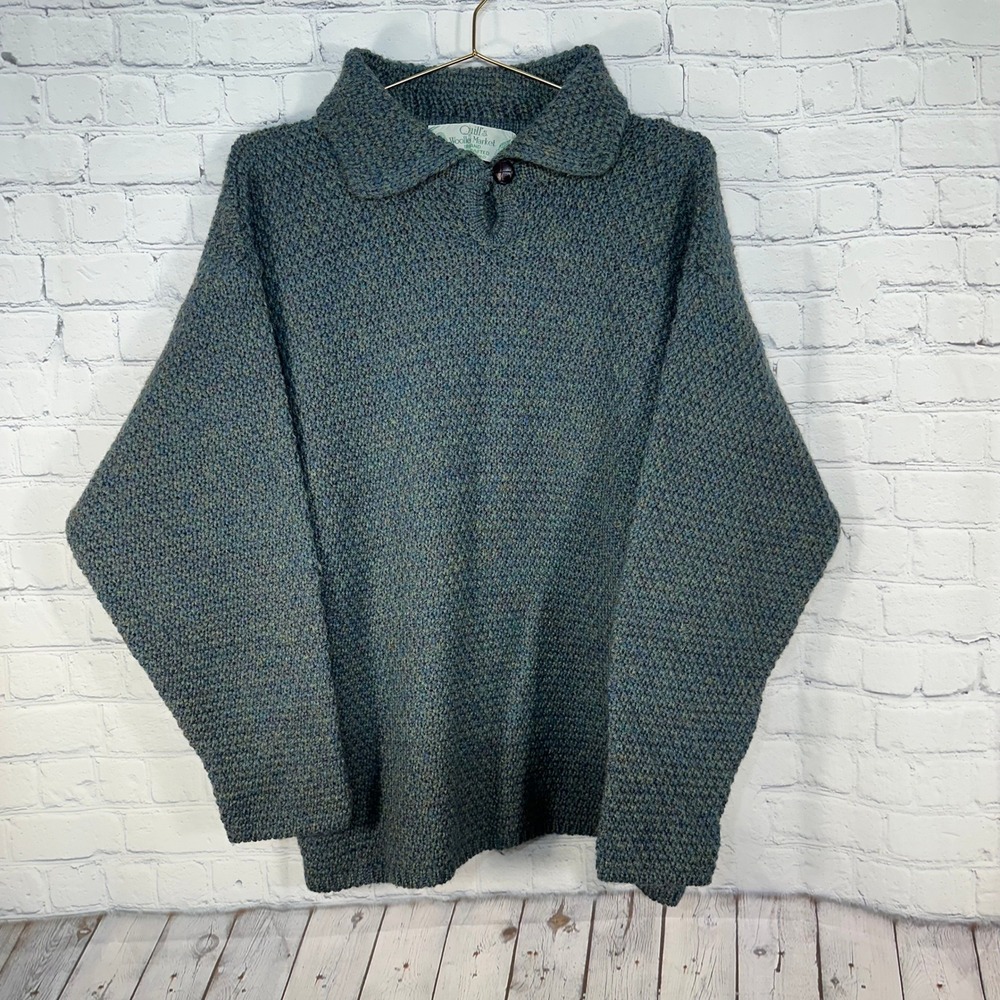 Quills Woollen Market Ireland Pure Wool Marled Knit Polo Collar Sweater Blue L